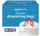200-Count Amazon Basics 13 Gallon Tall Kitchen Drawstring Trash Bags for $16
