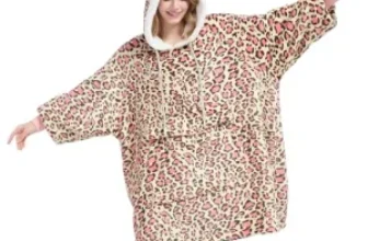 Qeils Wearable Sherpa Women’s Blanket Hoodie in Yellow Leopard for $9.99