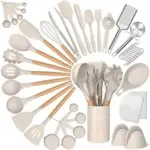 43-Piece Cacoles Wood Handle Silicone Cooking Utensils Set (White/Khaki) – $20