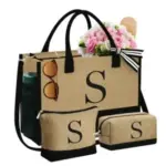 YOOLIFE Initial Jute Tote Bag & 2 Makeup Bags Set for $13