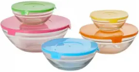 Kitchenworks 10-Piece Glass Bowl Set with Color Lids for $4.99