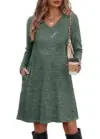 OFEEFAN Long Sleeve Tunic Button V Neck Dress for $9.99