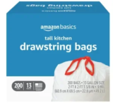 200-Count Amazon Basics 13 Gallon Tall Kitchen Drawstring Trash Bags for $16
