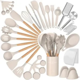 43-Piece Cacoles Wood Handle Silicone Cooking Utensils Set (White/Khaki) – $20