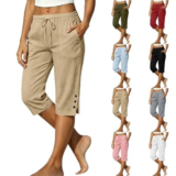 Cotton Capris Linen Pants with Pockets for $4.99