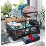 Godboat 2-Tier Dish Drying Rack with Auto-Drain & Mat – $17.49