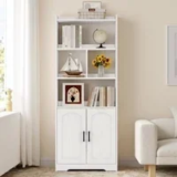 LIKIMIO 63-inch Tall Bookcase with Doors – White – $63.99 ($149.99 Original)