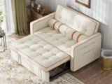 Marsail 3-in-1 Convertible Futon Sleeper Sofa Bed with USB Charging & Side Pockets (Ivory White) – $255