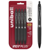 Uni-ball 207 Plus+ Retractable Gel Pens, Black, 4-Pack for $4.48
